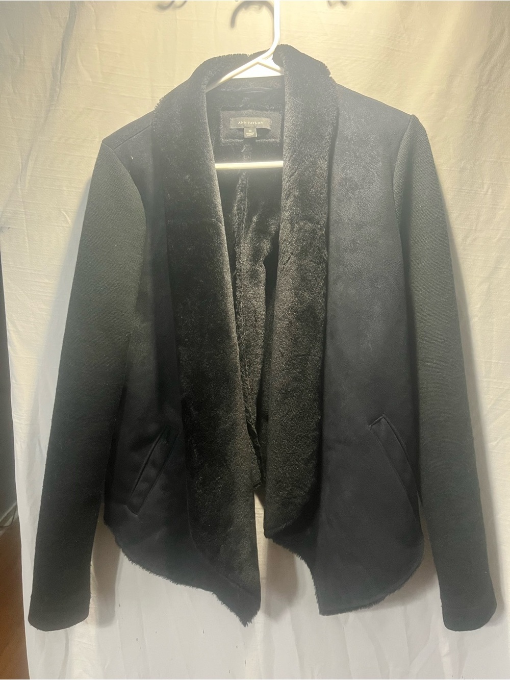 Ann Taylor Black Faux-Shearling Open Front Jacket